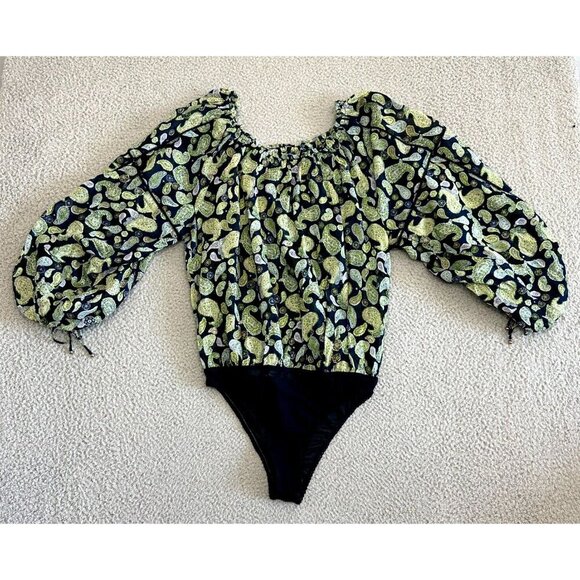 Free People Intimately Bodysuit Sundown Paisley Long Sleeve Green Blue Oversized - Picture 2 of 14